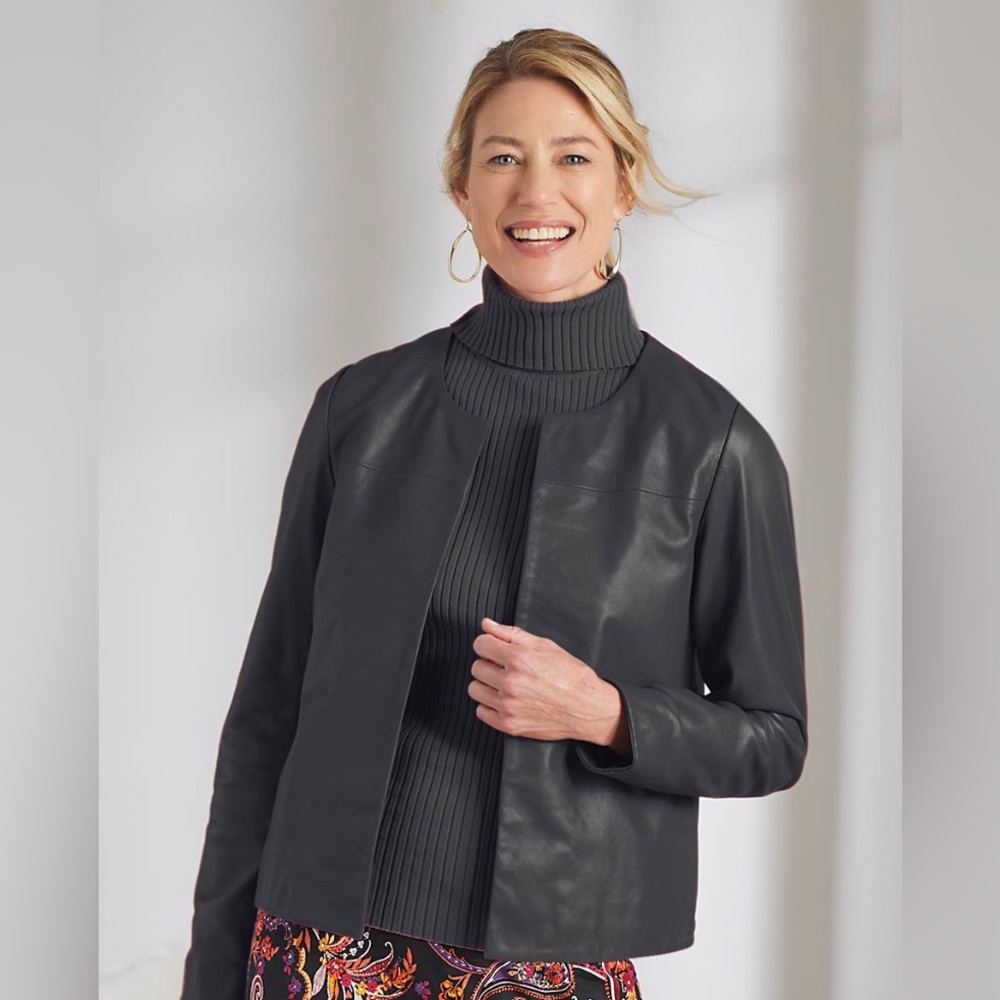 NWOT! Genuine LEATHER Leather Open Front Jacket, BLACK